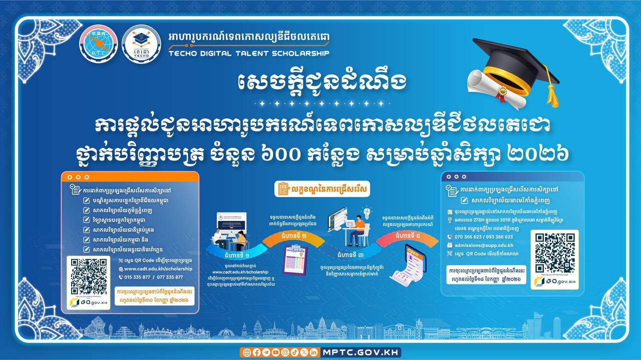 ក្រសួងប្រៃសណីយ៍និងទូរគមនាគមន៍ (ក.ប.ទ.) នឹងផ្តល់អាហារូបករណ៍ទេពកោសល្យឌីជីថលតេជោ ថ្នាក់បរិញ្ញាបត្រ ចំនួន ៦០០ កន្លែង សម្រាប់ឆ្នាំសិក្សា ២០២៦-២០២៧