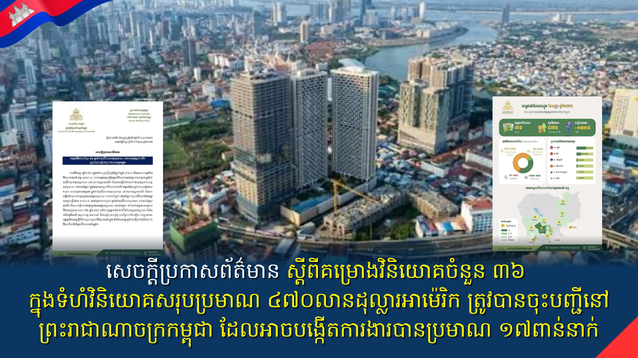 សេចក្តីប្រកាសព័ត៌មាន ស្តីពីគម្រោងវិនិយោគចំនួន ៣៦ ក្នុងទំហំវិនិយោគសរុបប្រមាណ ៤៧០លានដុល្លារអាម៉េរិក ត្រូវបានចុះបញ្ជីនៅព្រះរាជាណាចក្រកម្ពុជា ដែលអាចបង្កើតការងារបានប្រមាណ ១៧ពាន់នាក់